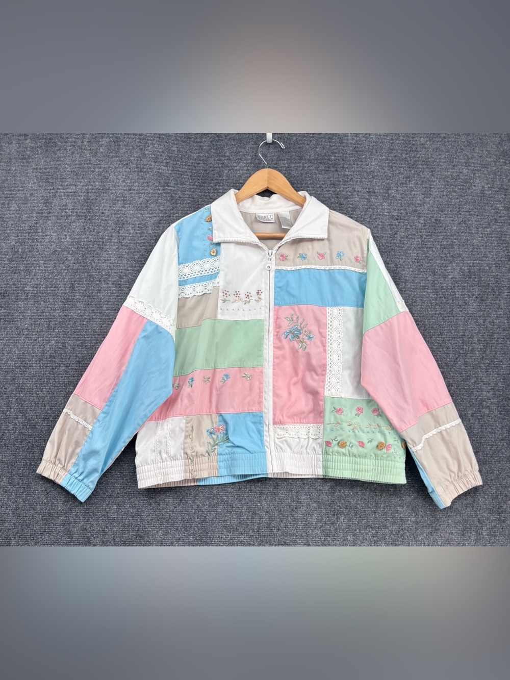 VTG Koret Francisca Pastel Patchwork Grandmacore Embroidered Full Zip Jacket PM